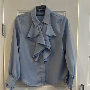 Zara Light Blue Ruffle Blouse
